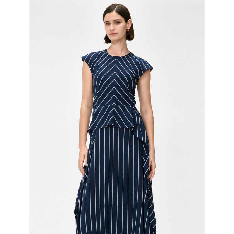 Veronika Maine Navy Pinstripe Flounce Dress image number 2